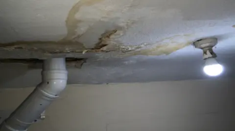 Luton Borough Council A damaged ceiling showing extensive water staining, peeling paint and cracking around a large area of damp. A white waste pipe passes through the ceiling on the left. A bare light bulb hangs from the ceiling on the right.