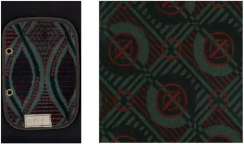 London Transport Museum collection Two pieces of fabric from the chairs - showing the different patterns.