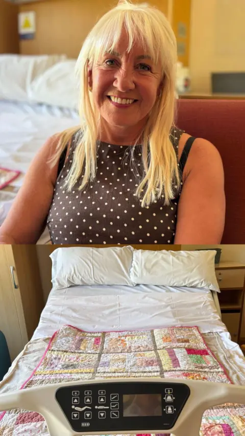 A woman with an image of a bed from the hospice