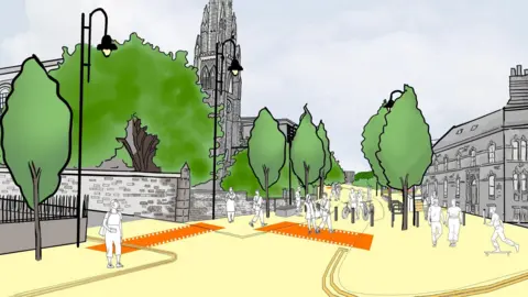 The image is an illustration of a redesigned urban street. In the foreground, people are walking across broad pedestrian areas, with one person shown using a skateboard. Orange rectangular crossing areas with dotted white markings highlight pedestrian priority zones at junction points.
The ground surface is light yellow, with lines indicating former vehicle routes. Street furniture includes benches, cycle stands, bollards, and black, curved street lamps.