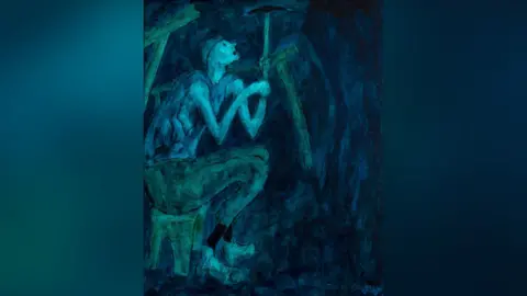 Estate of Tom McGuinness A painting of a miner underground, sitting on a stool and holding a pickaxe in his long, skinny arms. The painting is quite surreal and has a blue-tone to it.