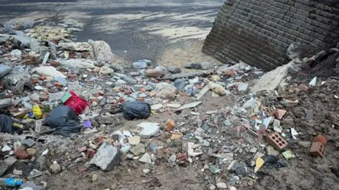 Blyth Wildlife Rescue Centre Bags of litter and rubble scatter sand on a beach. Seals can be seen amongst the rubbish.