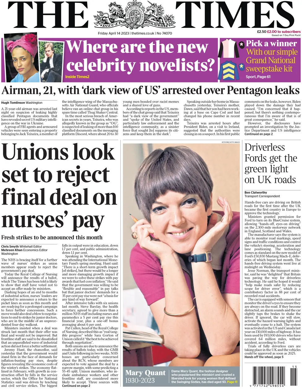 Times front, 14 April 2023