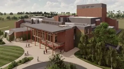 Artist's impression of Theatr Clwyd redevelopment plans, with drawing of people outside the large building complex, with trees to one side and fields on the other side and behind