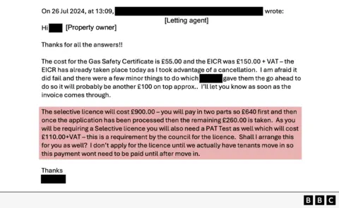 An image of an email titled “Re:”. The header shows sender and recipient details partially redacted, labeled as “Property owner” and “Letting agent.” The email is dated Friday, July 26, 2024, at 12:46 PM. Below the subject line, the message reads: Dear [redacted], Thank you for the helpful conversation earlier. I apologise for not replying to this. Hopefully hon have what you need. I’ll get back to you with the bank details. Can you confirm the cost for arranging fbe gas and electricity certificates and applying for the selective licence. Subject to this, I would be grateful if you could arrange these. Please also feel free to WhatsApp me on [redacted]. Thanks again Best wishes [redacted].

