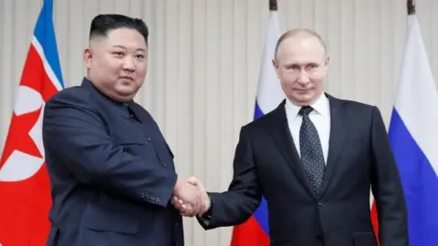 Reuters Russian President Vladimir Putin (R) and North Korean leader Kim Jong Un shakes hands during their talks at Far East Federal University on Russky Island in Vladivostok, Russia, April 25, 2019.