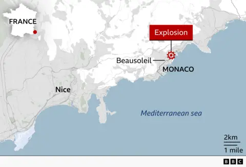 BBC map showing the location of an explosion in the north of Monaco near the border with France. The principality of Monaco is located in the southeast of France on the Mediterranean coast, around 15km (10 miles) to the east of Nice. The map also labels the French commune (town) of Beausoleil which lies across the border from Monaco.