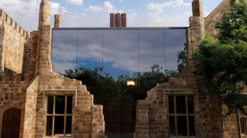 Flying Emu Studios In an artist's impression, the ruined wall of a stately home has an irregular gap filled with glazing which extends at least two storeys from the ground to the roof.