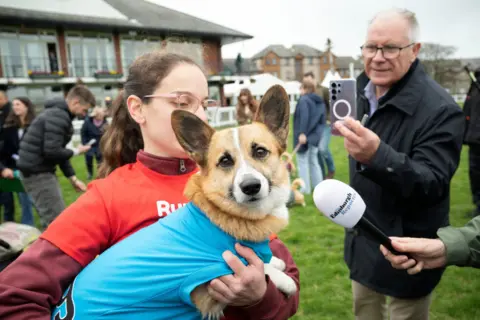Reuters A corgi wearing a sky blue racing vest being held by its owner - a young woman with wavy brown hair and glasses. Members of the media crowd round the dog taking pictures and one person holds a microphone towards it.