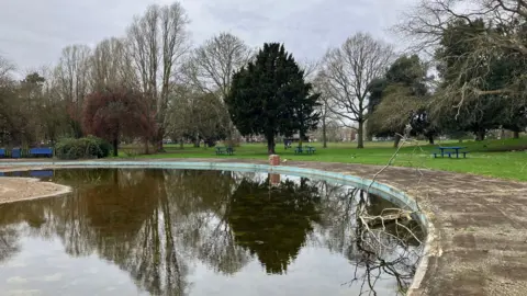BBC Tired looking circular pool with branches strewn across the edge of the pool