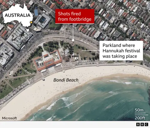 Satellite image of the Bondi Beach area focusing on a park between the beach and the Campbell Parade road. A footbridge to the north of the eastern side of the park is highlighted as a location from which two people were seen firing shots. The bridge leads to an open area of grass next to a children's playground