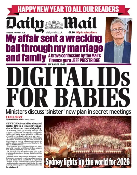 The headline on the front page of the Daily Mail reads: "Digital IDs For Babies."