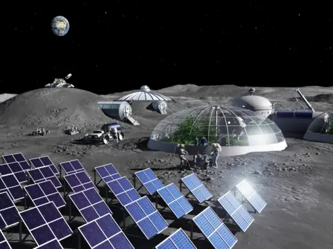 ESA/P. Carril Under a jet‑black star‑strewn sky, an artist impression of a futuristic village sprawls across grey lunar dust. In the foreground, neat rows of blue solar panels tilt towards the distant Sun. Behind them rise transparent glass domes glowing softly from within, packed with bright green trees and crops – miniature jungles on a dead world. Bubble‑shaped habitats and silver tunnels link the base together. Tiny human figures in bulky white spacesuits tend equipment and gather beside the greenhouses. To the upper left, Earth hangs like a vivid blue‑and‑white marble above the horizon, reminding you how far from home this thriving outpost stands.