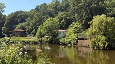 Several people enjoying the water at Conham River Park on a sunny day. Two people are sitting in an inflatable dinghy, one person is on a stand-up paddle board and two others are sitting on a board, taking a selfie. The brown river is bordered either side by bushes and willow trees, with a couple of quaint boathouses peeking out from the greenery.