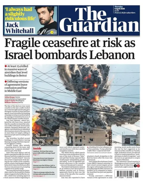 The headline on the front page of the Guardian reads: “Fragile ceasefire at risk as Israel bombards Lebanon”.