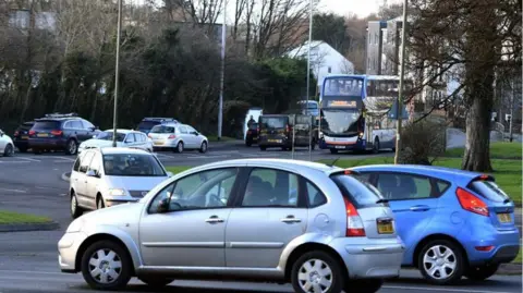 Congested traffic on roads in the Woolwell area on the A386 Tavistock Road on the outskirts of Plymouth