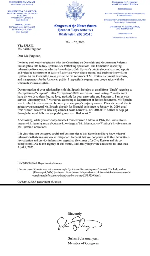 A screenshot of the letter to Sarah Ferguson