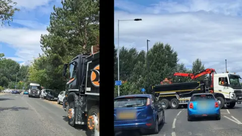 Two pictures of lorries on busy roads. Picture on the left shows lorry on the right of the picture coming down the road with another lorry parked up just ahead of it. Picture on the right shows a lorry in the middle of the road turning in front of two blue cars. 
