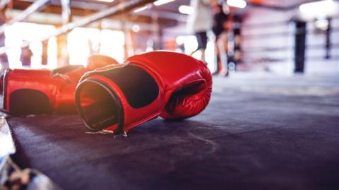 Red boxing gloves rest on the edge of the ring