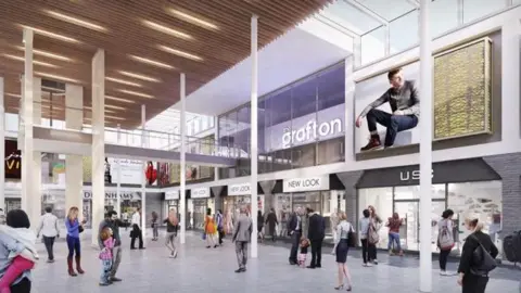 Grafton Centre An artist image shows a mock-up of plans for the Grafton Centre when it was refurbished in 2017. It shows the inside of the site with a New Look and Debenhams and people milling about.