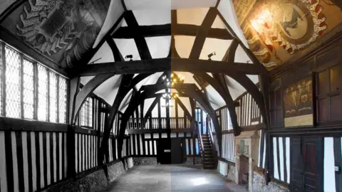 Leicester City Council Inside a medieval timber framed high ceilinged room