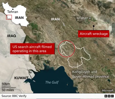 Satellite map showing southwestern Iran and the northern tip of the Gulf, along with Kuwait and eastern Iraq. It shows Kohgiluyeh and Boyer-Ahmad province, area in the province where US search aircraft were filmed operating, also place where aircraft wreckage was found and the city of Isfahan.