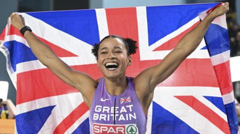 Jazmin Sawyers of Great Britain wins gold medal in women's long jump during The European Indoor Athletics Championships