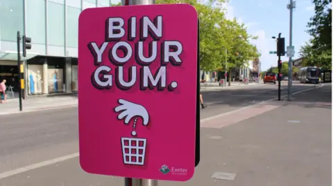 The image shows a bright pink metal sign installed on a post in Exeter City Centre. It has the phrase "Bin Your Gum" written in white and bold above a picture of a hand throwing some gum in a bin. 