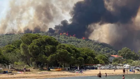 Beachgoers watching nearby smoke and flames billowing from mountain