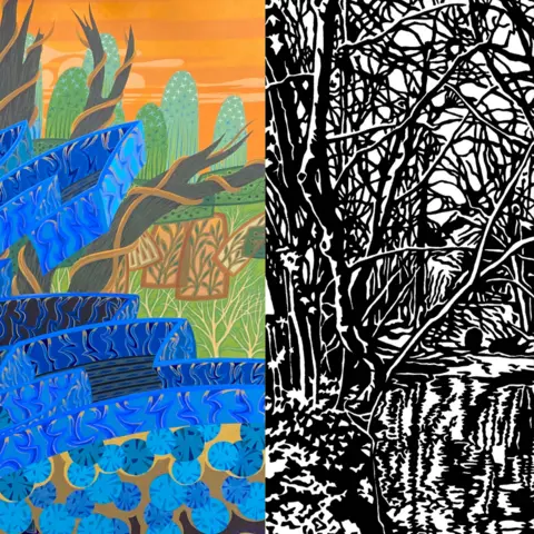 Richard Constable/Sasha Constable Two pieces of art side-by-side. The one on the left is a colourful print of mainly green and bright blue. The image on the right is a black and white woodcut depicting a small bridge over a river lined with bare trees.
