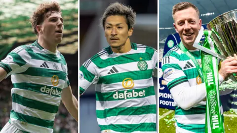 Celtic players Arne Engels, Daizen Maeda and Callum McGregor
