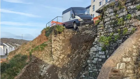 BBC Van on edge of landslip