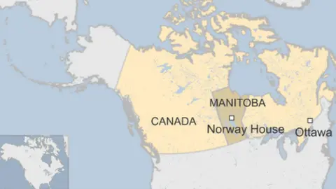 Map of Canada showing location of Norway House, in Manitoba province west of the capital, Ottawa