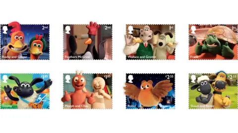 Royal Mail/Aardman Handout photo issued by Royal Mail of eight stamps celebrating Bristol based Aardman's most popular animated characters.