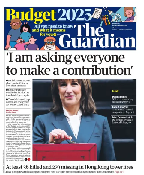 "I am asking everyone to make a contribution", reads the headline on the front page of the Guardian, quoting chancellor Rachel Reeves.