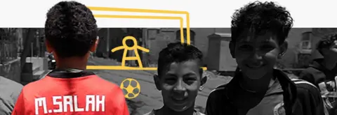 A stylised composite image shows a child from behind, in a short-sleeved red Liverpool jersey with "M Salah" on it, next to two smiling children, with their images turned black and white. In the background, a goalkeeper defending his net has been drawn in gold lines.