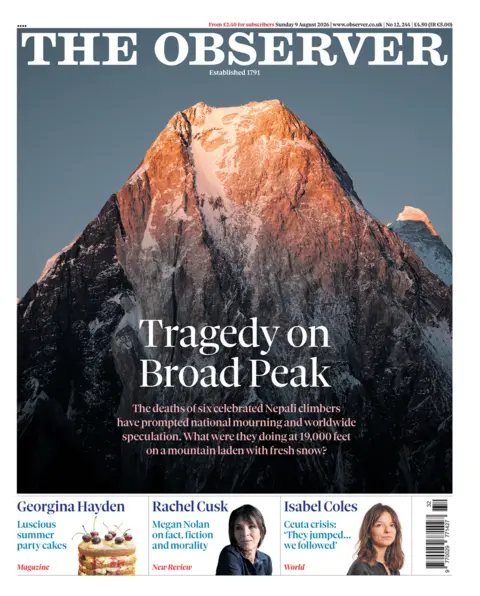 The headline on the front page of the Observer reads: “Tragedy on Broad Peak”.