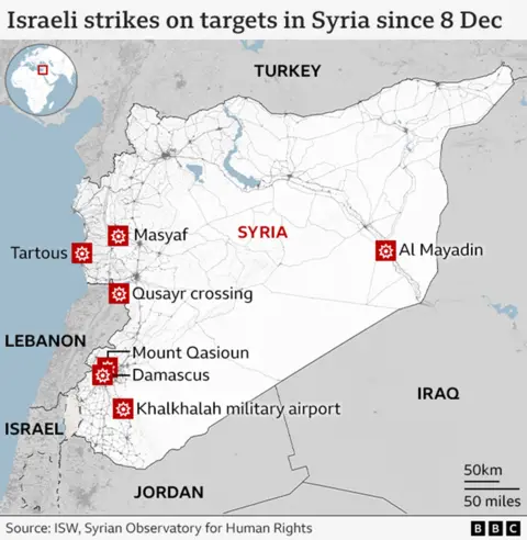 A representation  showing the locations of Israeli strikes connected  Syria since 8 December, including Tartous, Masyaf, Qusayr Corssing, Al Mayadin, Mount Qasioun, Damascus and Khalkhala airport