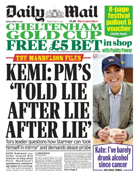 "Kemi: PM's 'told lie after lie after lie'," reads the headline on the front page of the Daily Mail.
