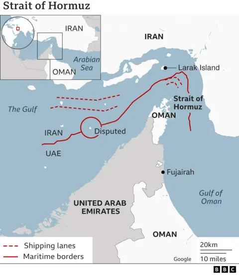 A map showing the location of the Strait of Hormuz as well as shipping lanes and maritime borders.
