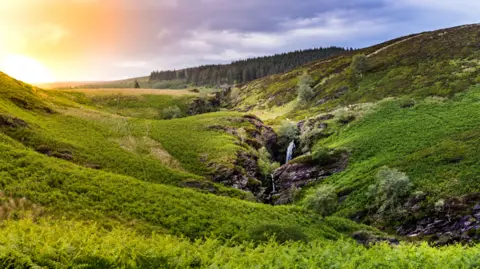 Will Hawkes Photography Ceiriog Falls in the Ceiriog Valley. Green hills with a waterfall seen.