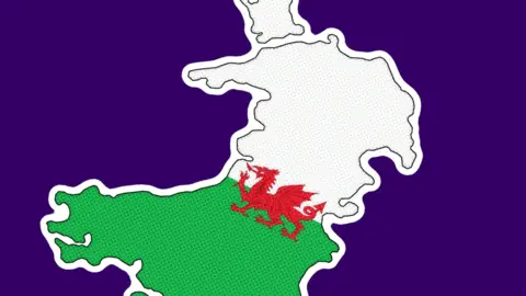 The map of Wales, featuring a red dragon, set upon a purple background
