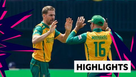 South Africa's Anrich Nortje celebrates a wicket against Sri Lanka with Keshav Maharaj 