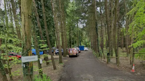 Hallswood sign beside a muddy track trailing out of sight, between trees, with a parked van and several cars visible. There is also a cone next to a tree.