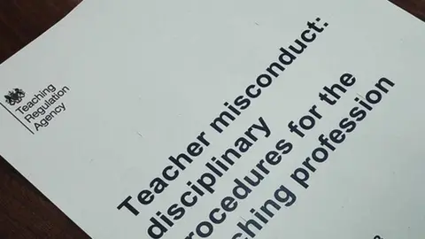 Teaching Regulation Agency A piece of white paper with the Teaching Regulation Agency logo written on it. It also includes words such as "teacher misconduct" and "disciplinary".