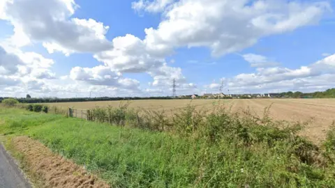 A photo of agriculture farm land with a green hedgerow and green verge next to a road. In the distance are pylons and homes. It also shows a blue sky with white clouds floating by