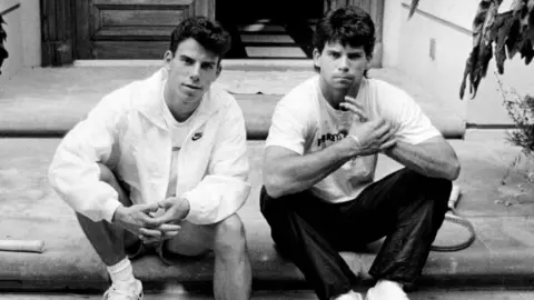 Getty Images Menendez brothers, Erik, left, and Lyle on the steps of their Beverly Hills home in November, 1989