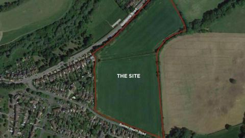 An arial map view of the site between Godstone Road and Rabies Heath Road