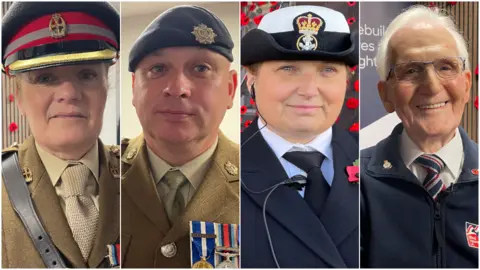 Major Eirian Davies, Sgt Kevin Pritchard, Petty Officer Rosy Hearn and veteran Cpl Tom Jones