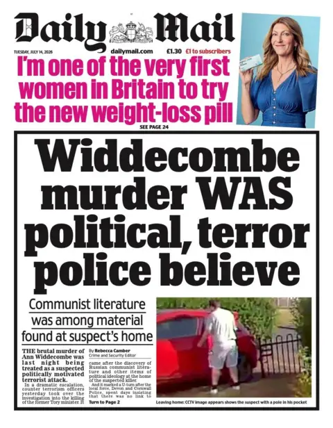 The headline on the front page of the Daily Mail reads: “Widdecombe murder was political, terror police believe”.